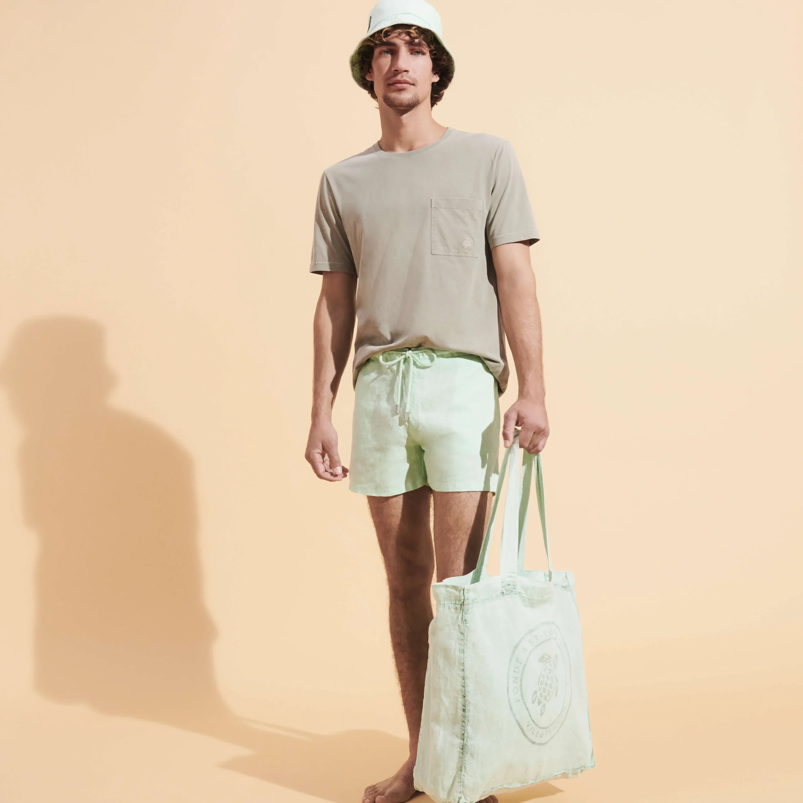 Vilebrequin Linen Turtle Unisex Tote Bag Mineral Dye*Men Beach Bag & Pouches