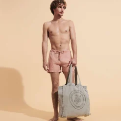 Vilebrequin Linen Turtle Unisex Tote Bag Mineral Dye*Men Beach Bag & Pouches