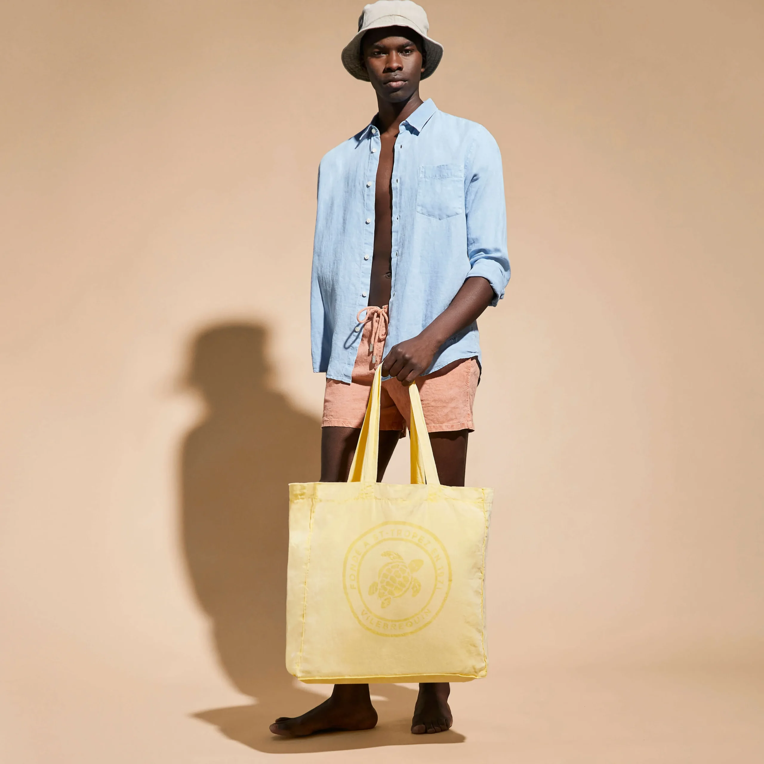 Vilebrequin Linen Turtle Unisex Tote Bag Mineral Dye*Men Beach Bag & Pouches