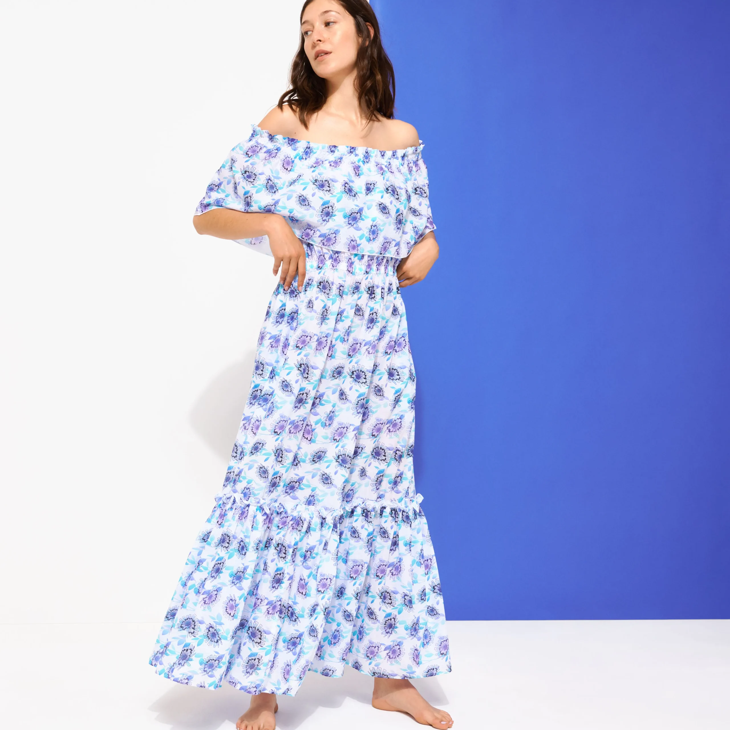 Vilebrequin Women Long Off The Shoulders Cotton Dress Flash Flowers*Women Dresses