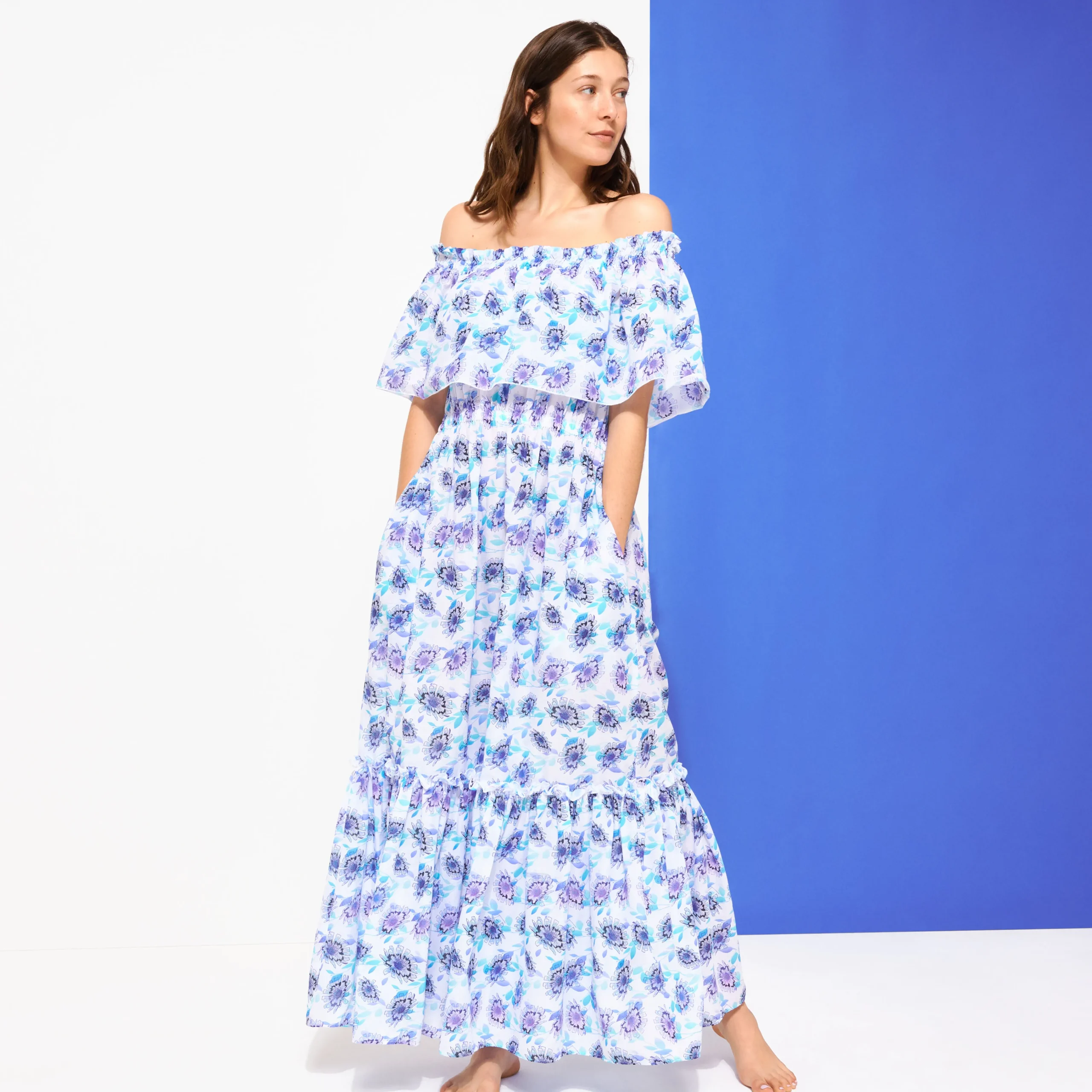 Vilebrequin Women Long Off The Shoulders Cotton Dress Flash Flowers*Women Dresses